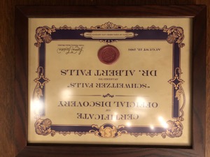 Certificate of Official Discover - Schweitzer Falls - Dr. Albert Falls