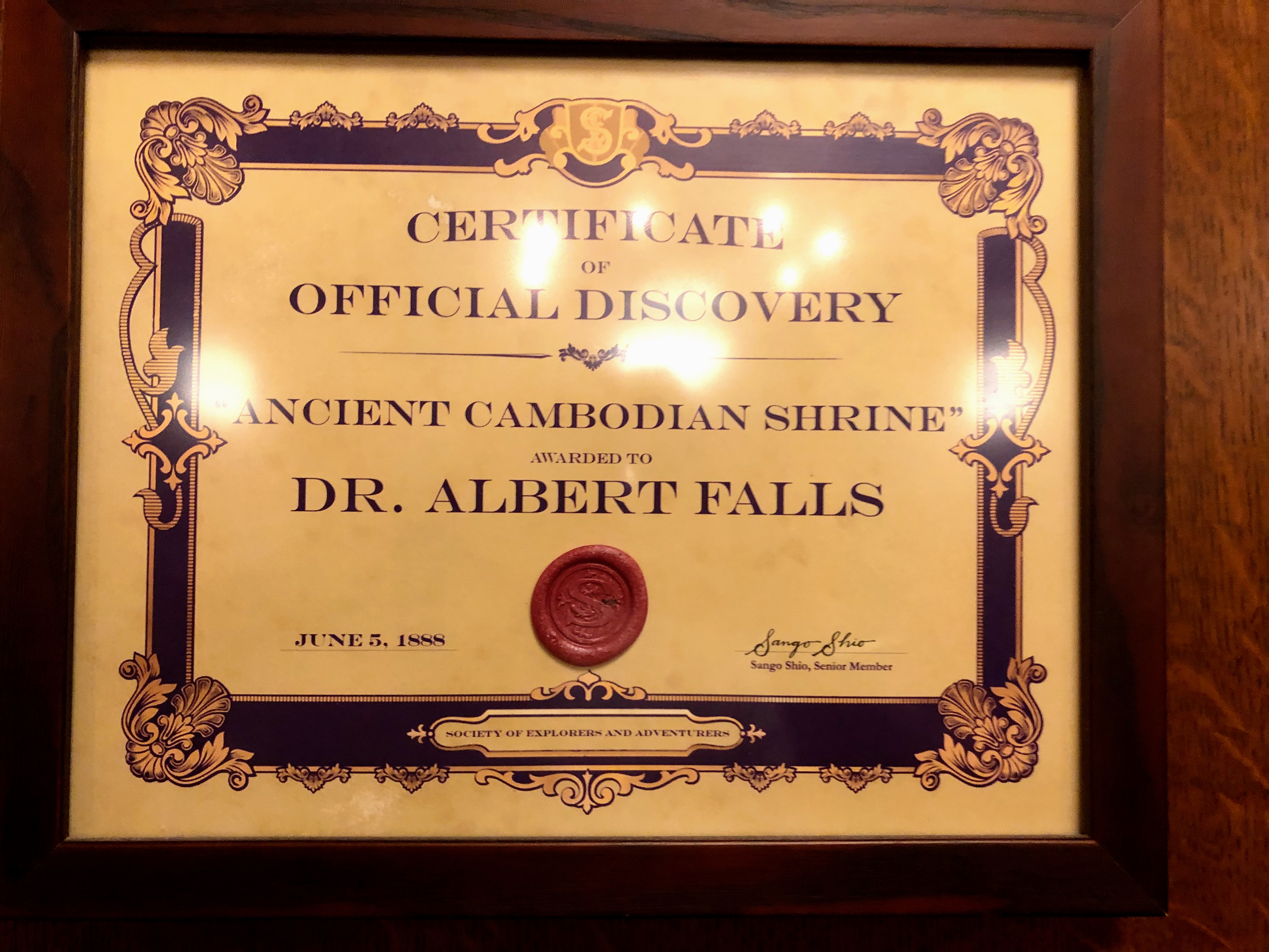 Certificate of Offical Discovery - Cambodian Shrine - Dr Albert Falls