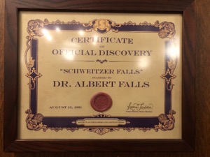 Certificate of Offical Discovery - Schweitzer Falls - Dr Albert Falls